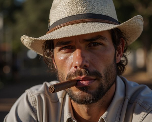 Rugged Man with Cigar and Straw Hat Outdoors