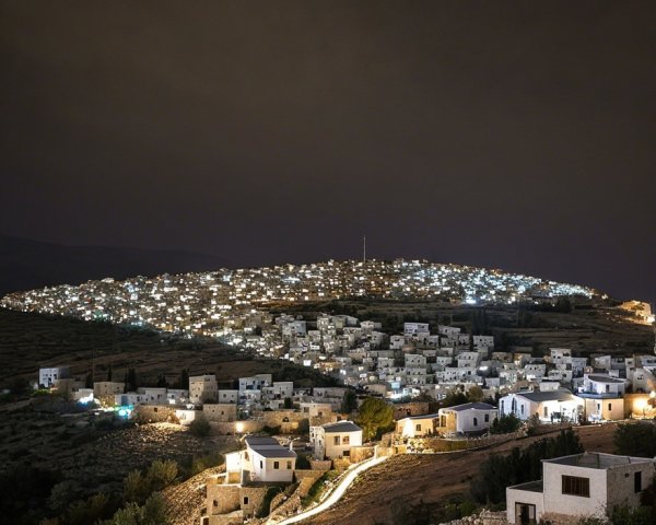 Hillside Village at Night with Whitewashed Houses