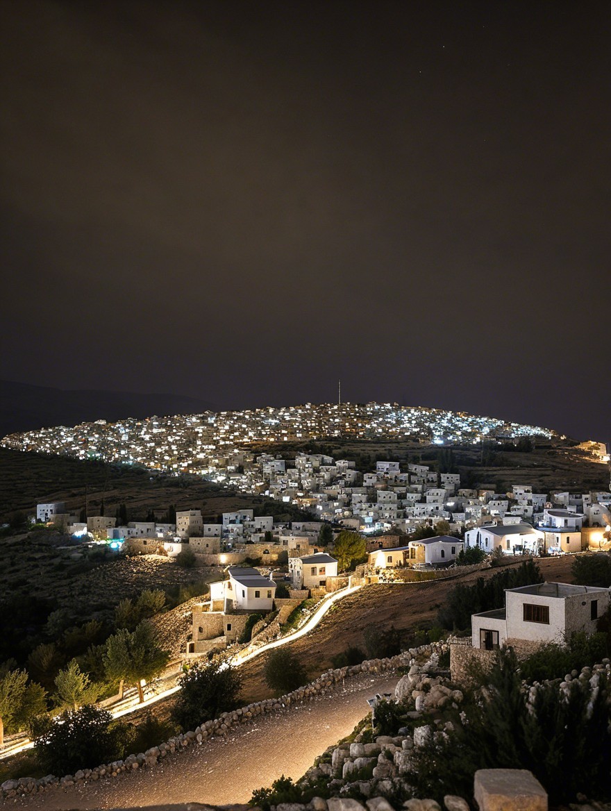 Hillside Village at Night with Whitewashed Houses