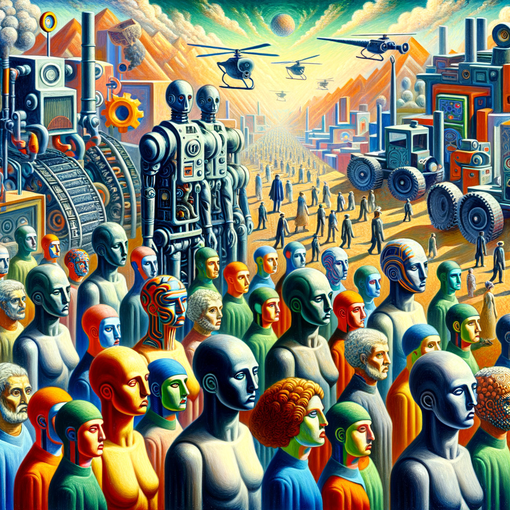 Surreal Landscape with Humanoid Figures and Robots