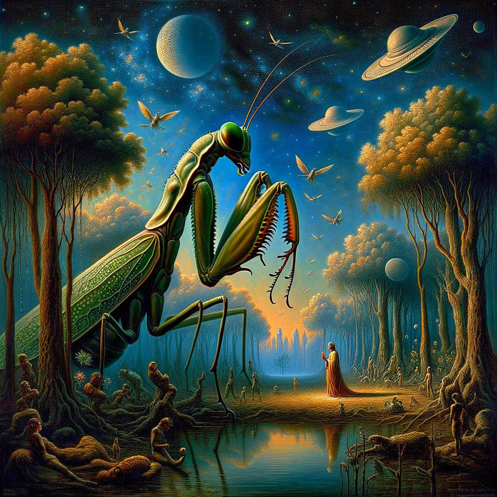Giant Mantis in Surreal Night Landscape with Figures