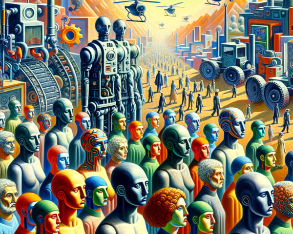 Surreal Landscape with Humanoid Figures and Robots