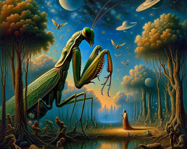 Giant Mantis in Surreal Night Landscape with Figures