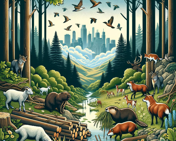Vibrant Forest Scene Blending Wildlife and Urban Life