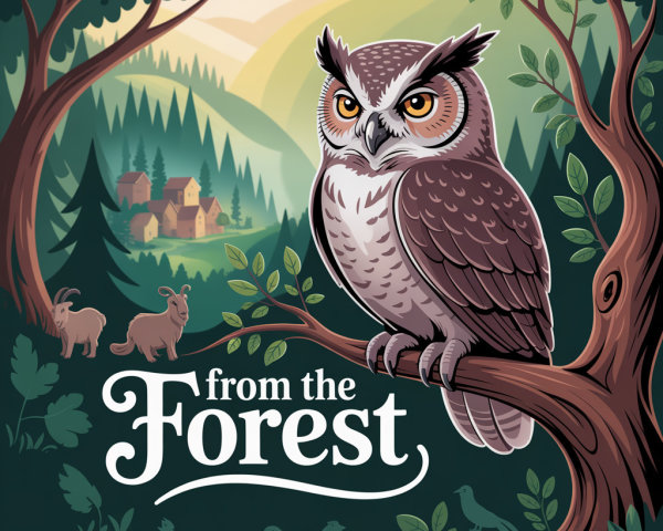 Stylized Owl in Vibrant Forest with Wildlife and Village
