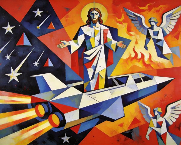 Cubist Painting of Jesus on Futuristic Jet Plane