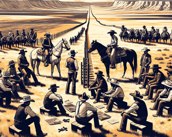 Cowboys Strategizing in a Sunlit Prairie Landscape