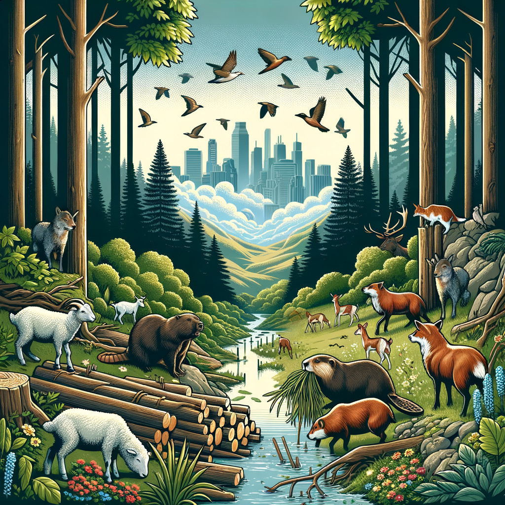 Vibrant Forest Scene Blending Wildlife and Urban Life