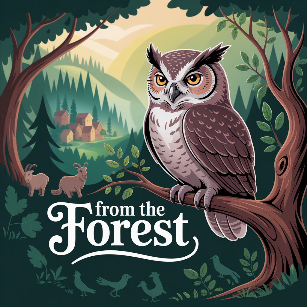 Stylized Owl in Vibrant Forest with Wildlife and Village
