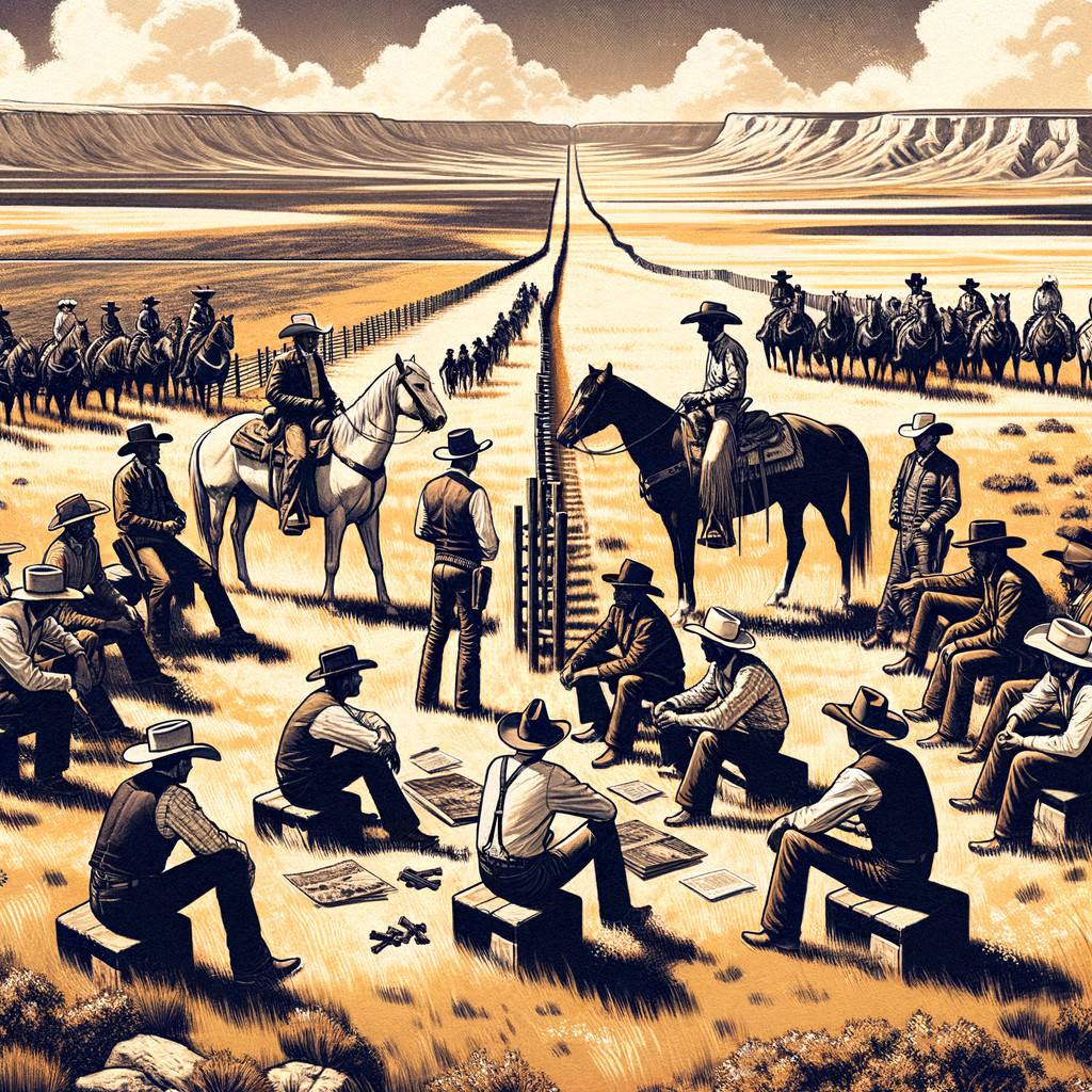 Cowboys Strategizing in a Sunlit Prairie Landscape