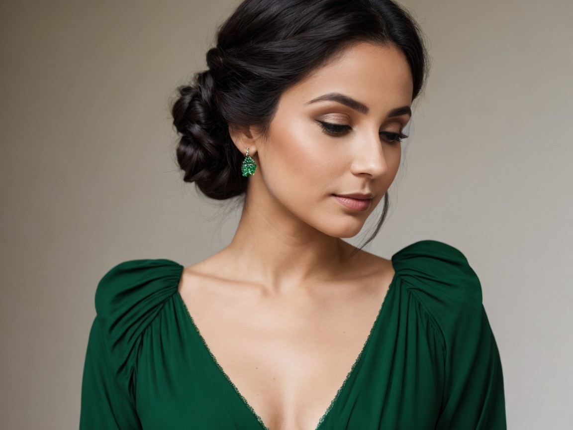 Studio Portrait of Woman in Emerald Green Dress