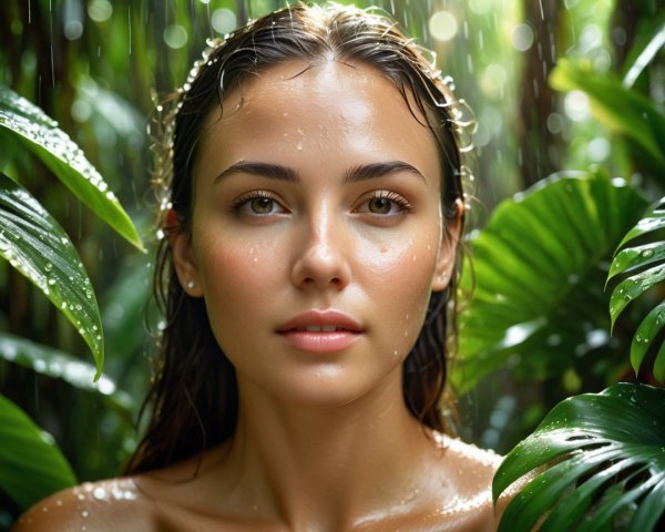 Young woman in lush foliage with glistening droplets