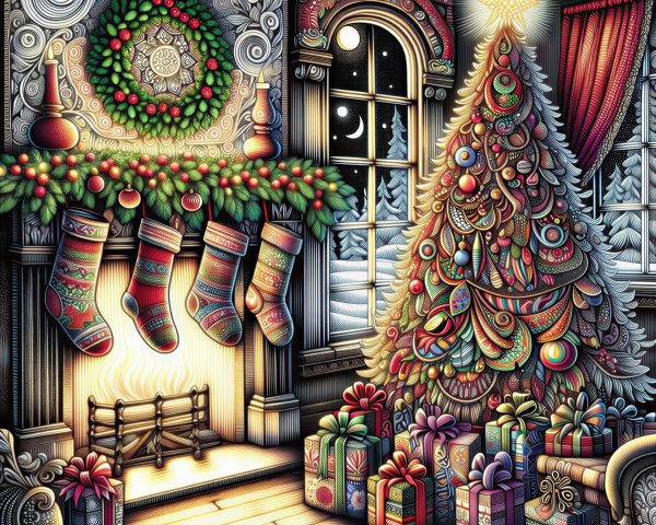 Cozy Christmas Scene with Decorated Tree and Fireplace