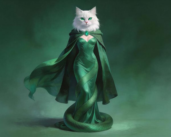 Regal White Cat in Green Cape with Snake Accessory