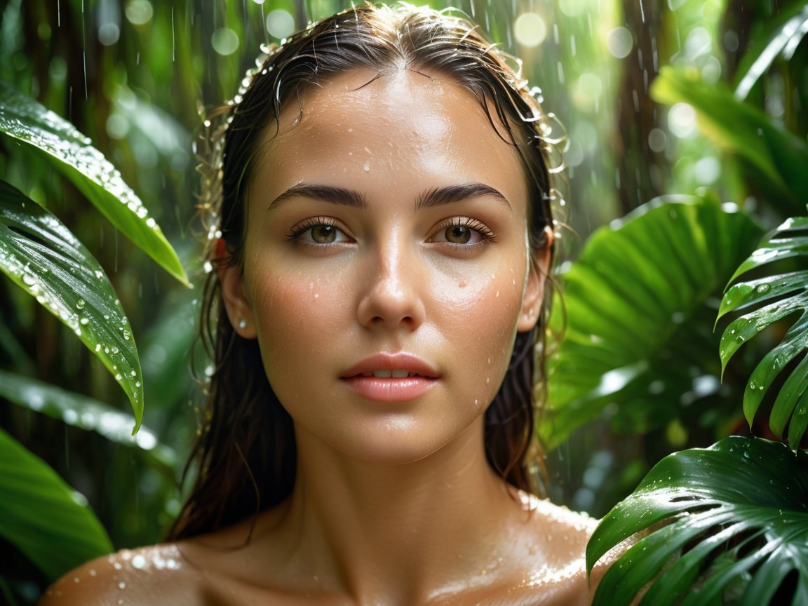 Young woman in lush foliage with glistening droplets