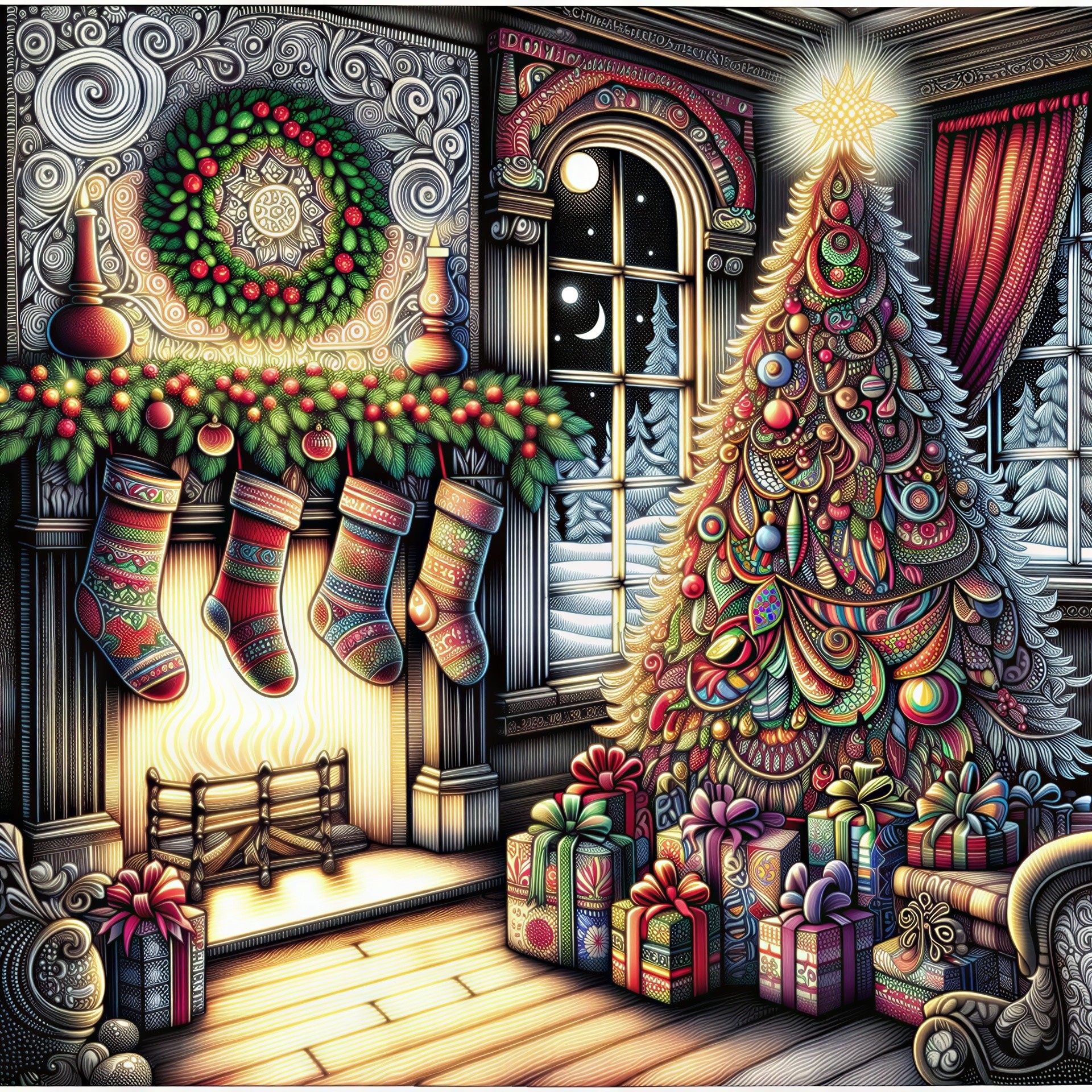 Cozy Christmas Scene with Decorated Tree and Fireplace