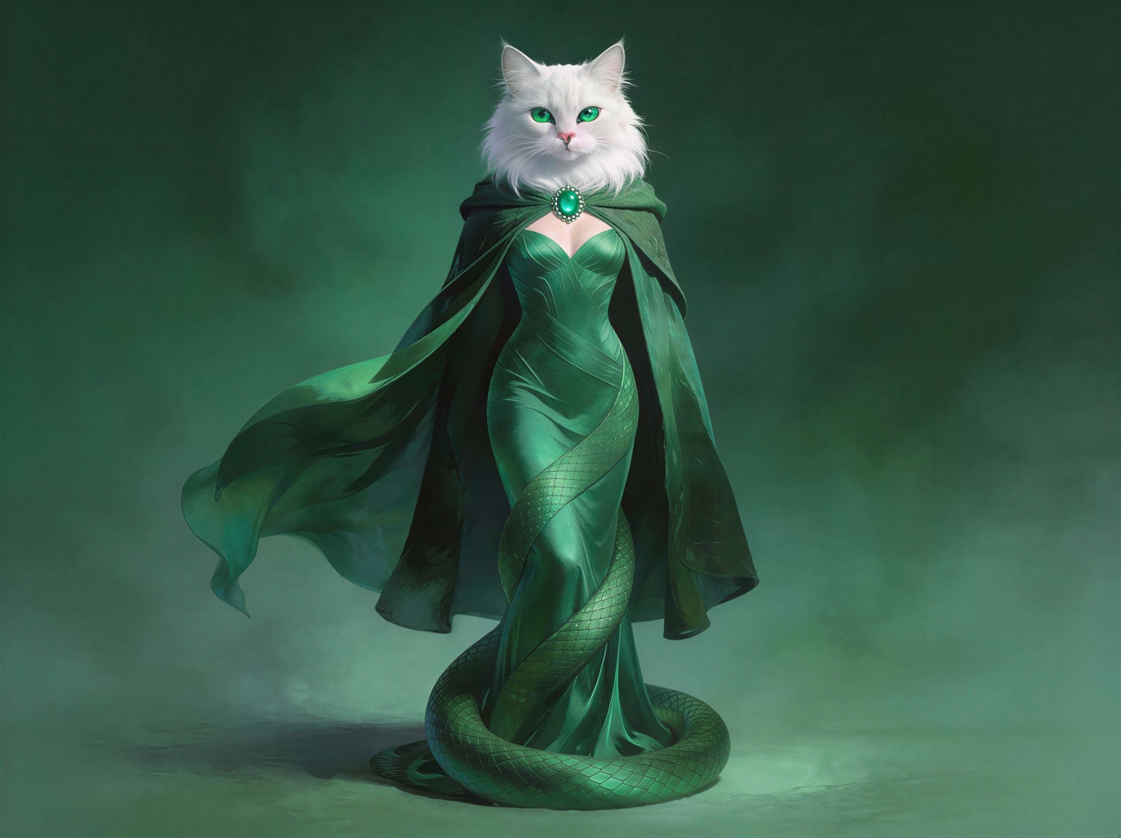Regal White Cat in Green Cape with Snake Accessory