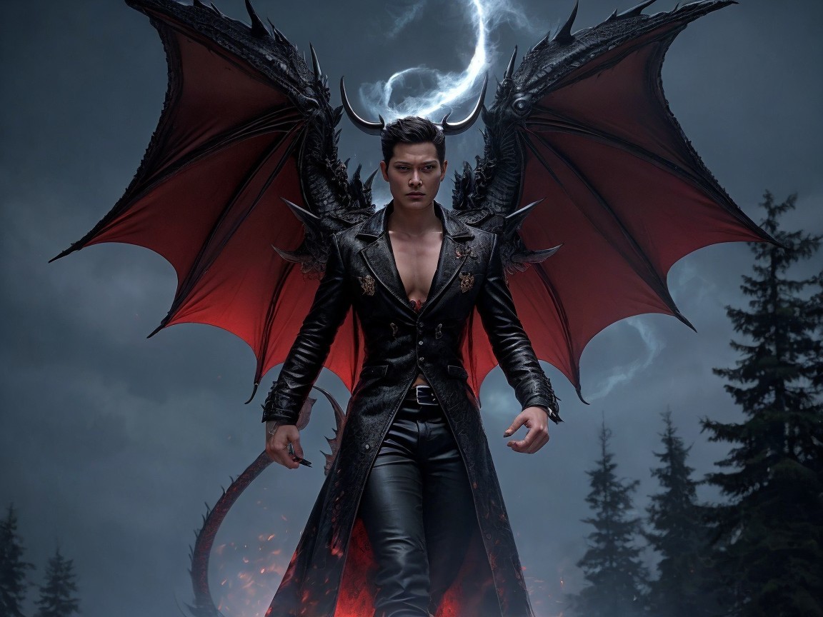 Powerful figure with black and red wings in dark landscape