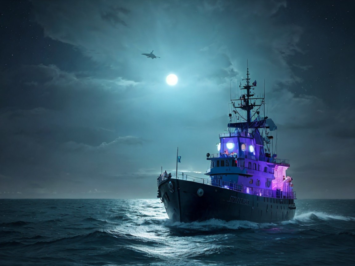 Tugboat on Tranquil Waters Under Full Moonlight