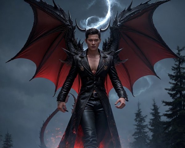 Powerful figure with black and red wings in dark landscape