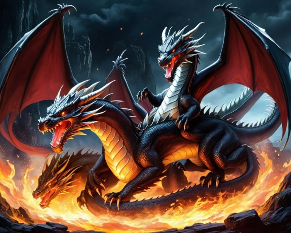 Three-Headed Dragon Surrounded by Flames and Rocks