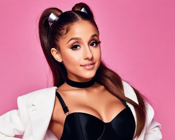 Young woman in stylish outfit against pink background