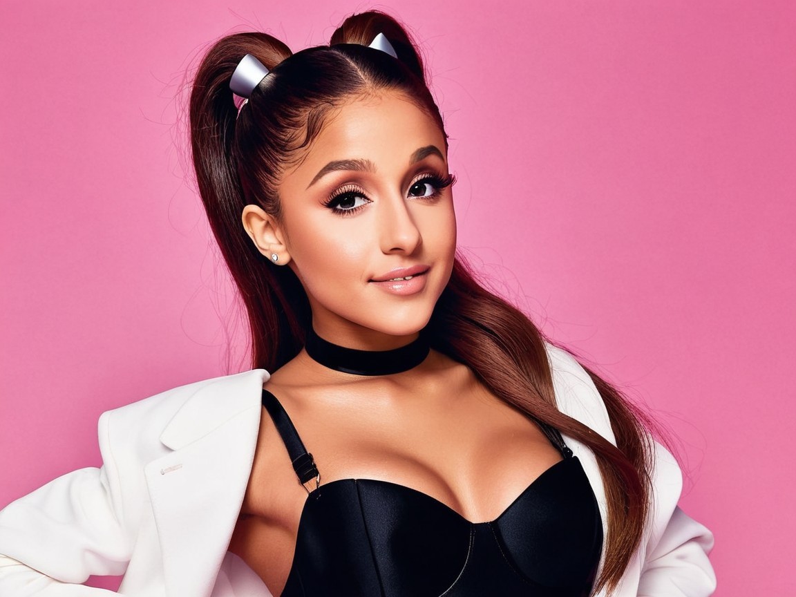 Young woman in stylish outfit against pink background