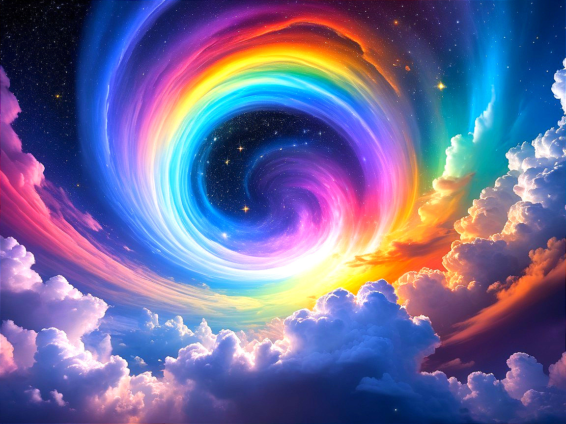 Vibrant Color Vortex with Cosmic Background and Clouds