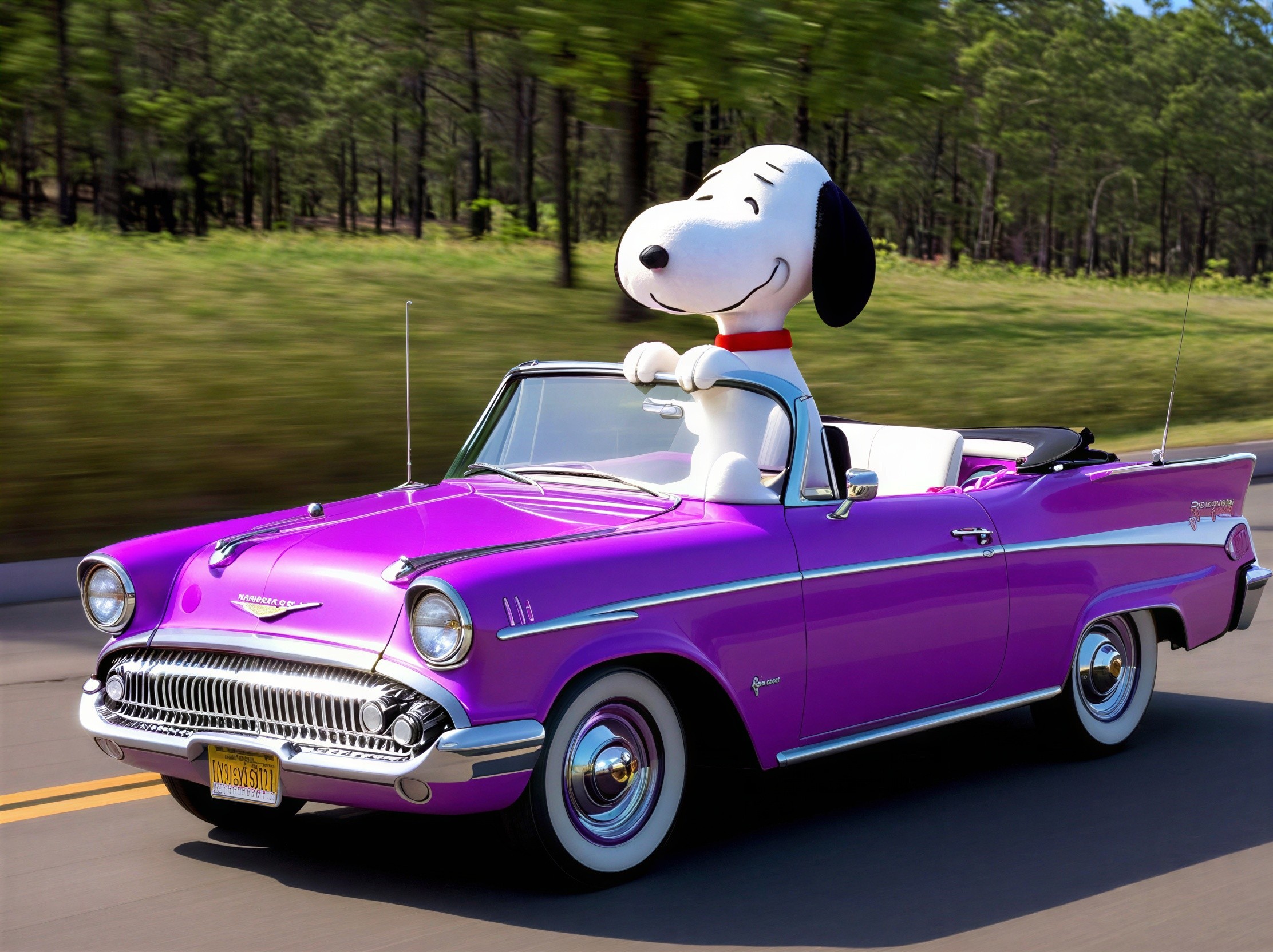 Snoopy in a purple convertible on a forest road