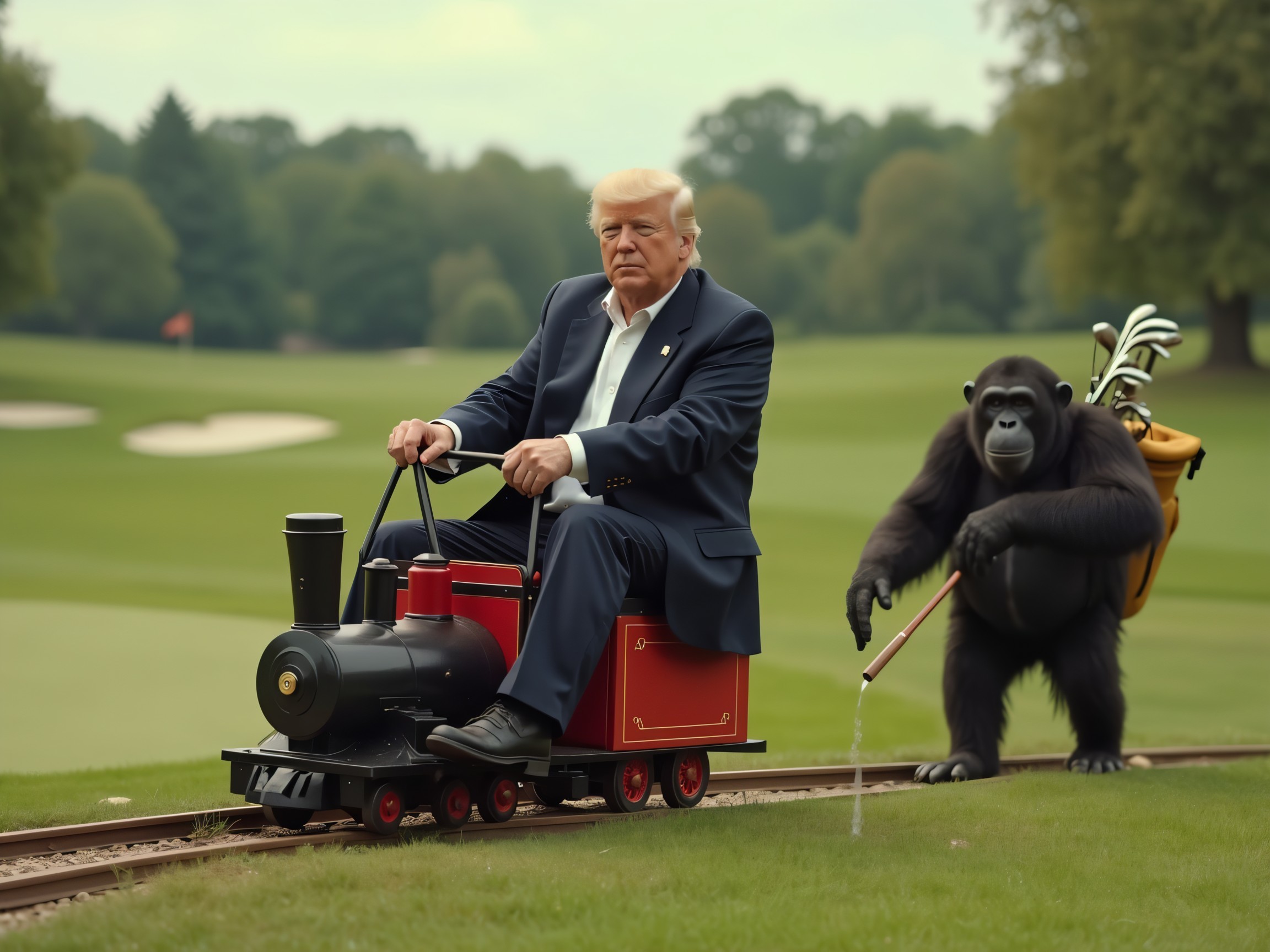 Whimsical Scene of a Man on a Miniature Train