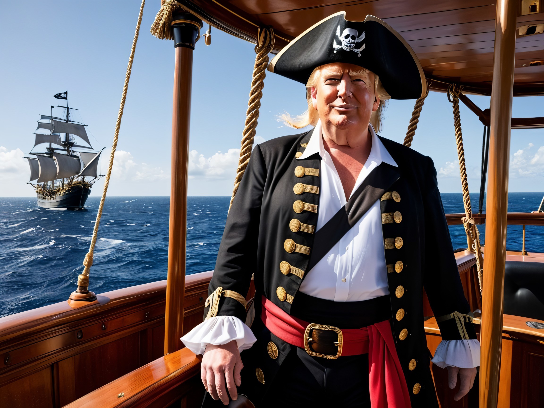 Pirate Character on Ship Deck with Tall Ship Background