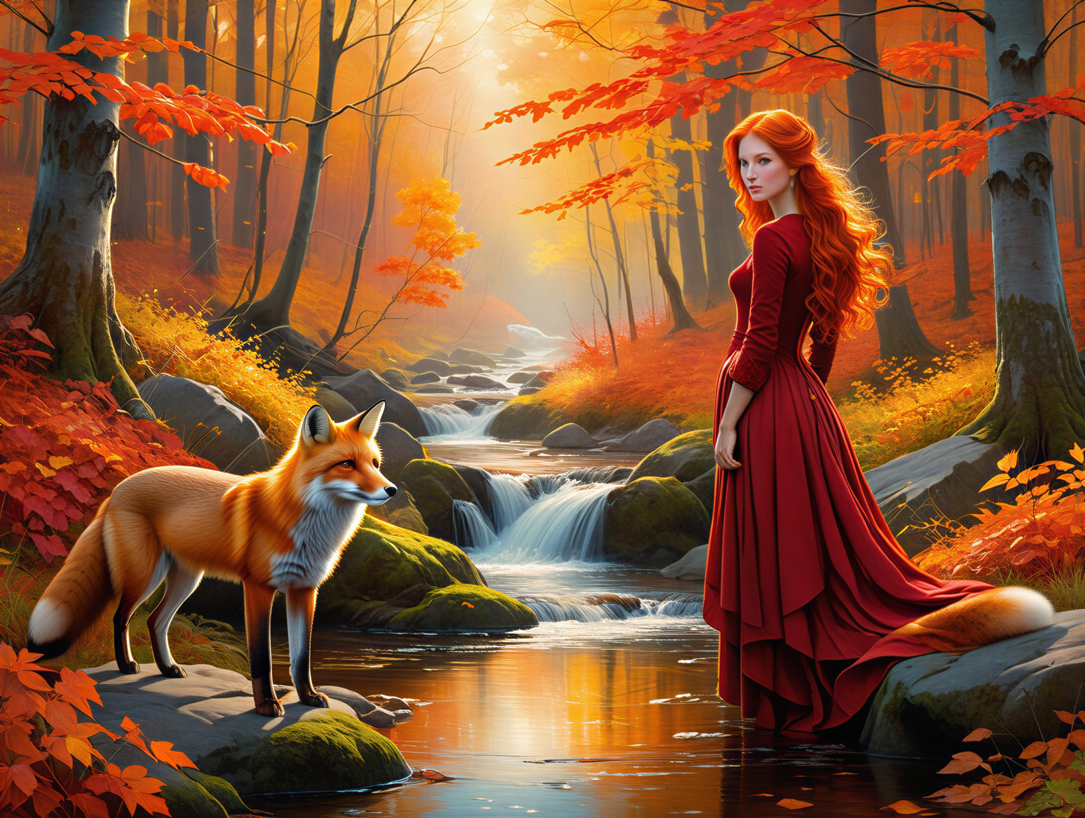 Woman in Red Dress by Autumn Stream with Fox