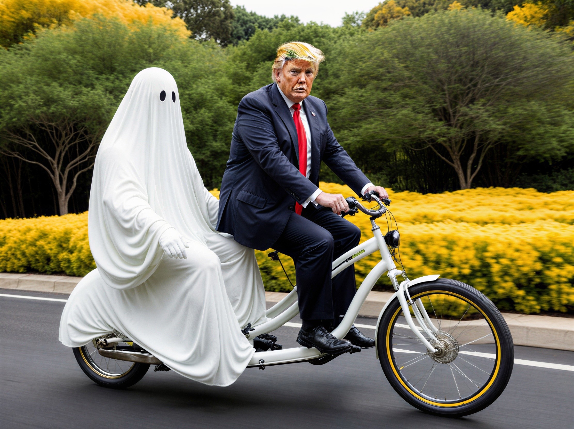 Spectral Figure on Tandem Bicycle Amidst Flowers