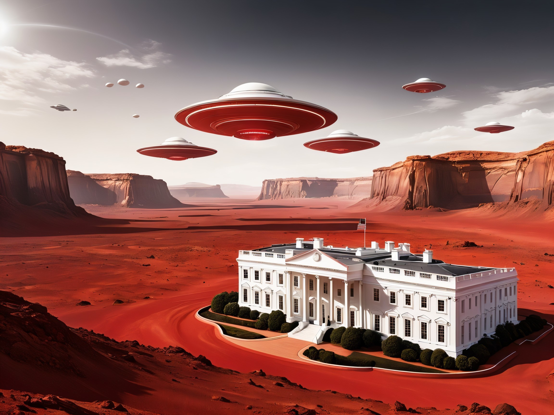 Surreal White House in Martian Landscape with UFOs