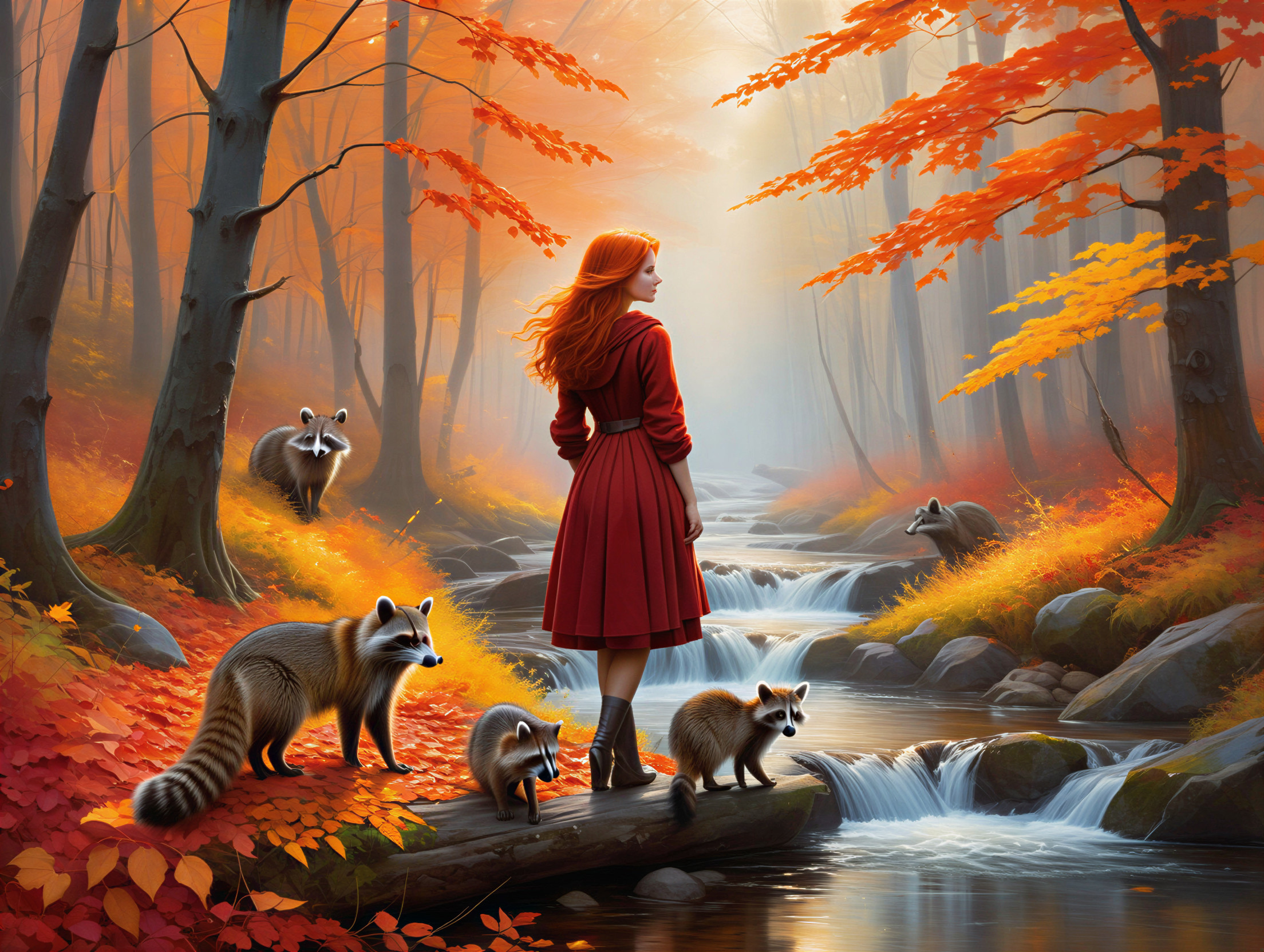 Woman in Red Dress by Autumn Stream with Raccoons