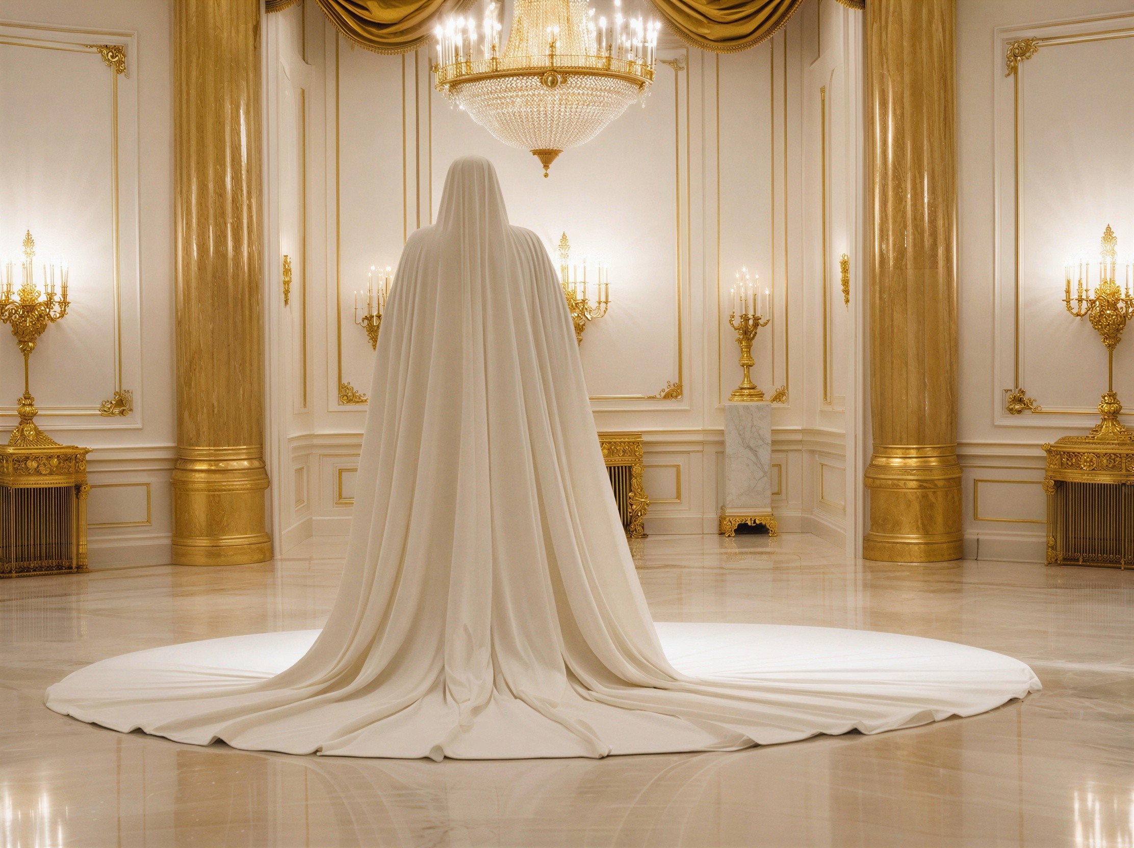 Opulent Room with Draped Figure in White Garment