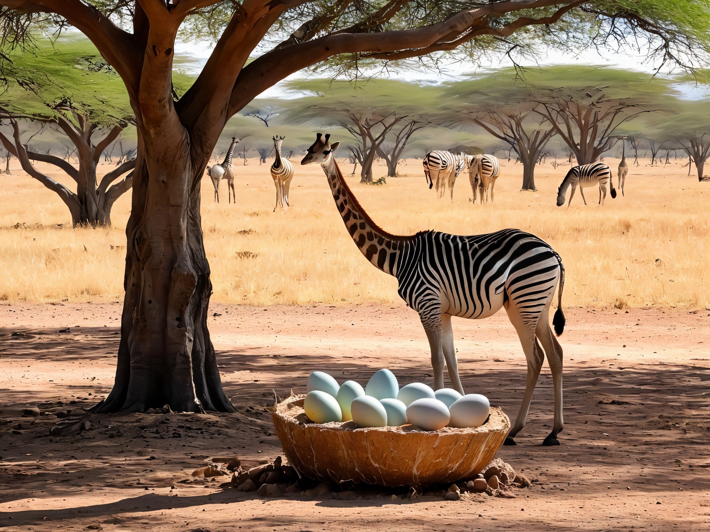 Striped Giraffe Examines Nest of Pastel Eggs in Savanna
