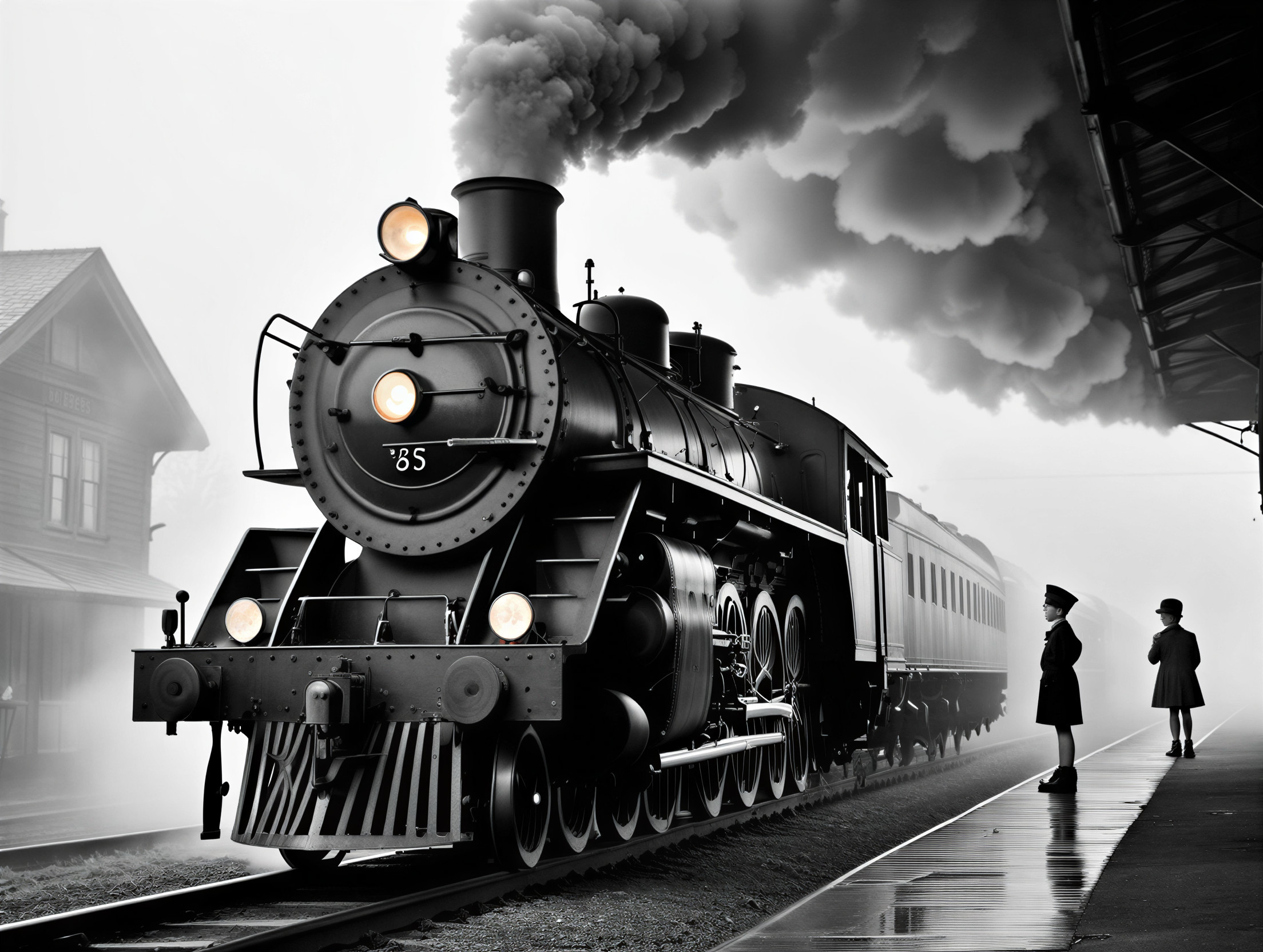 Vintage Steam Locomotive on Misty Platform Scene