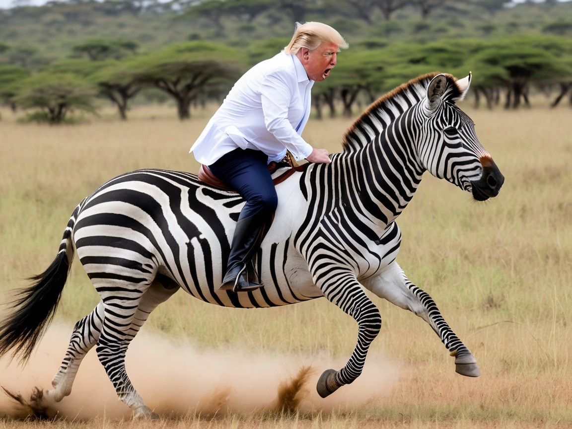 Man in White Shirt Riding a Zebra in Grassy Landscape