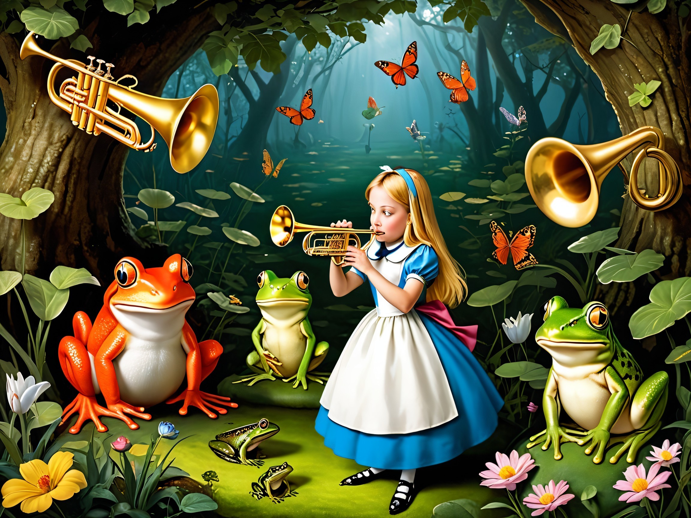 Whimsical Forest Scene with Girl, Frogs, and Butterflies
