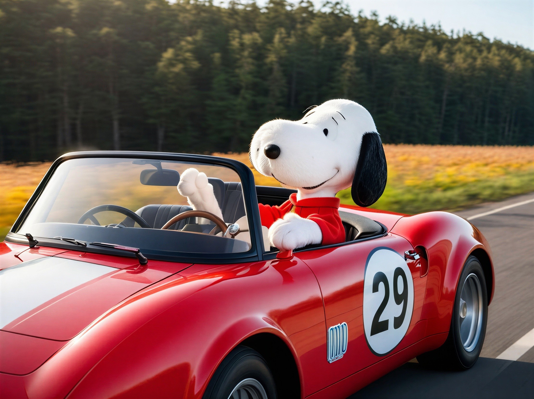 Cartoon Beagle Driving Vintage Convertible in Field