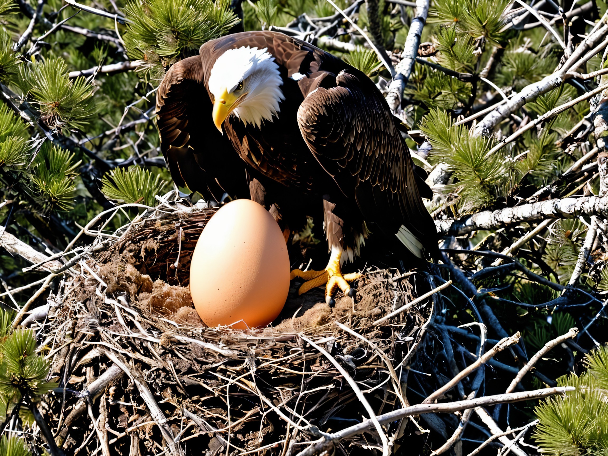 Bald Eagle Guarding Egg in Pine Tree Nest