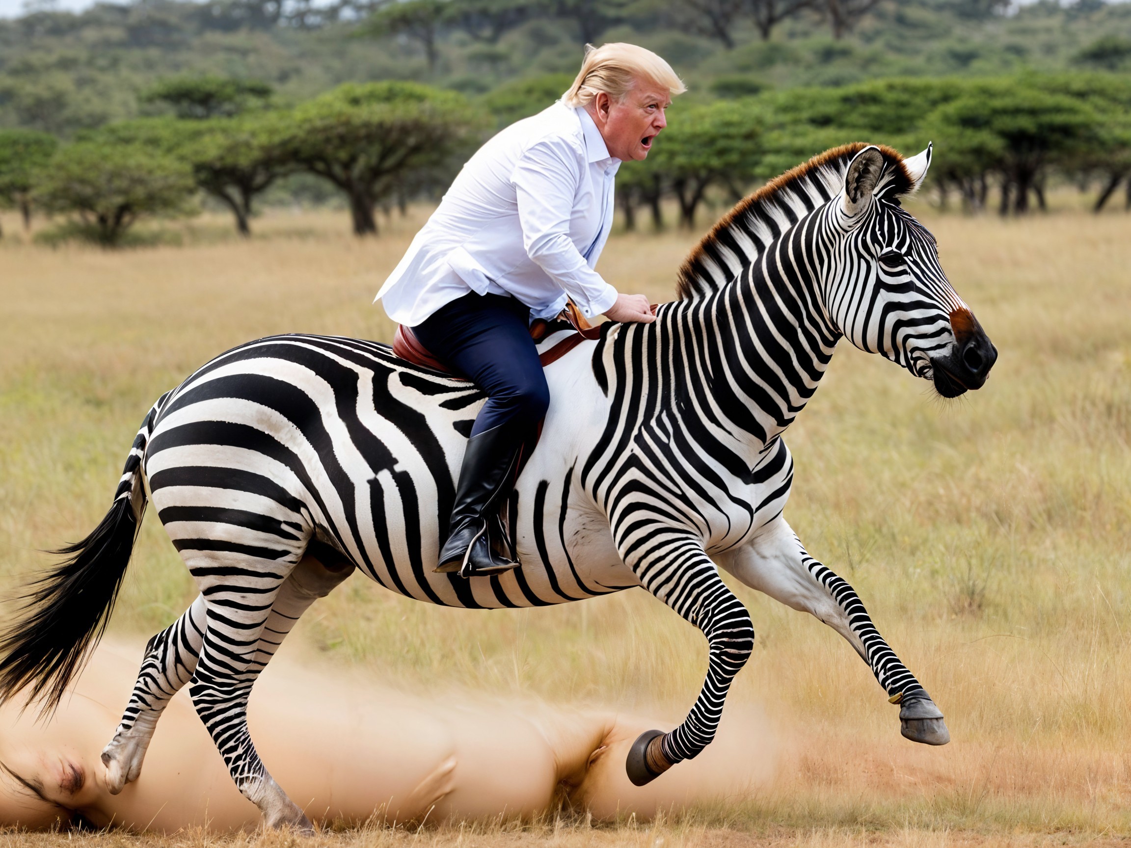 Person Riding a Galloping Zebra in Grassy Landscape