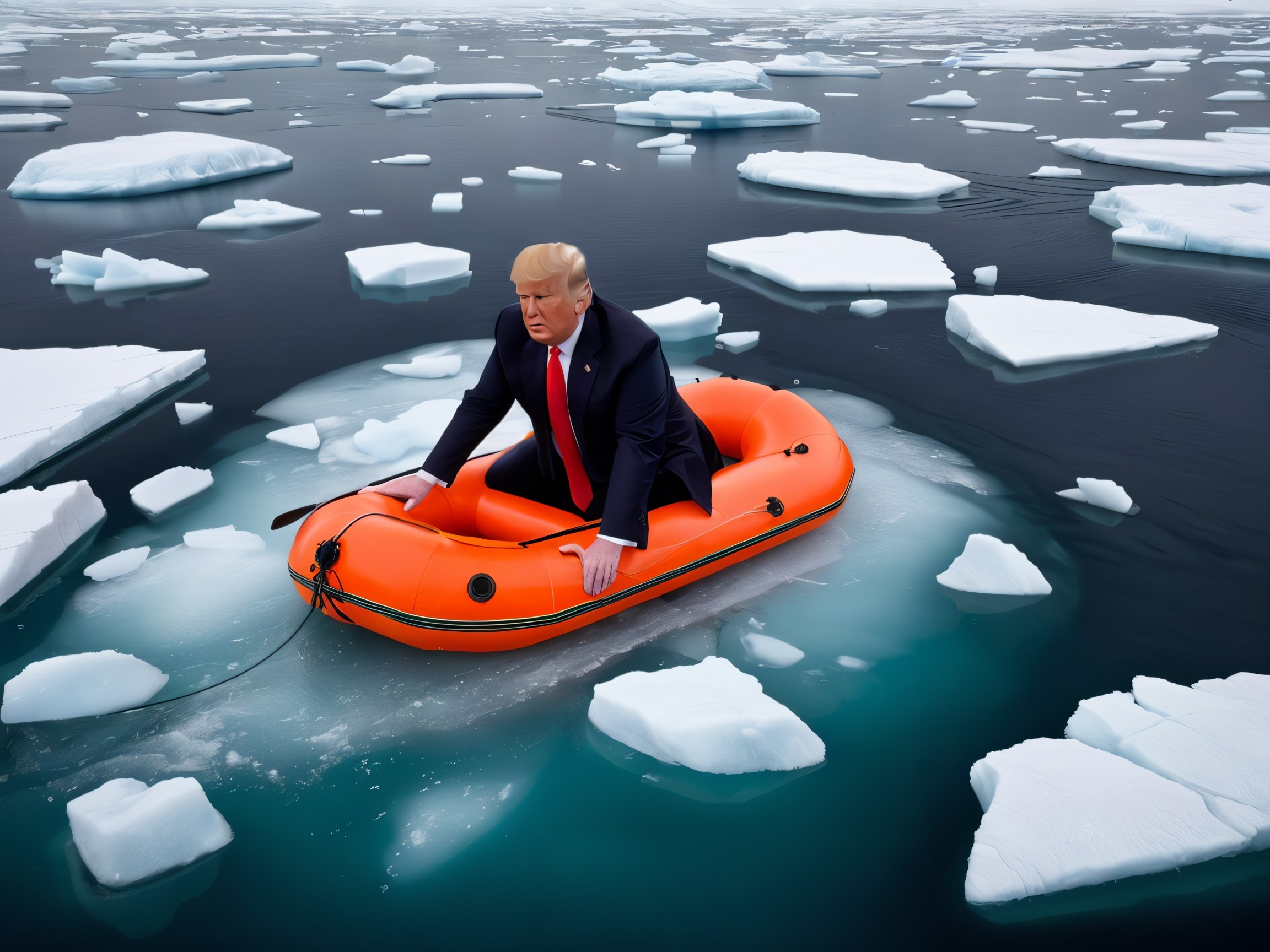 Man in Suit on Inflatable Boat in Icy Landscape