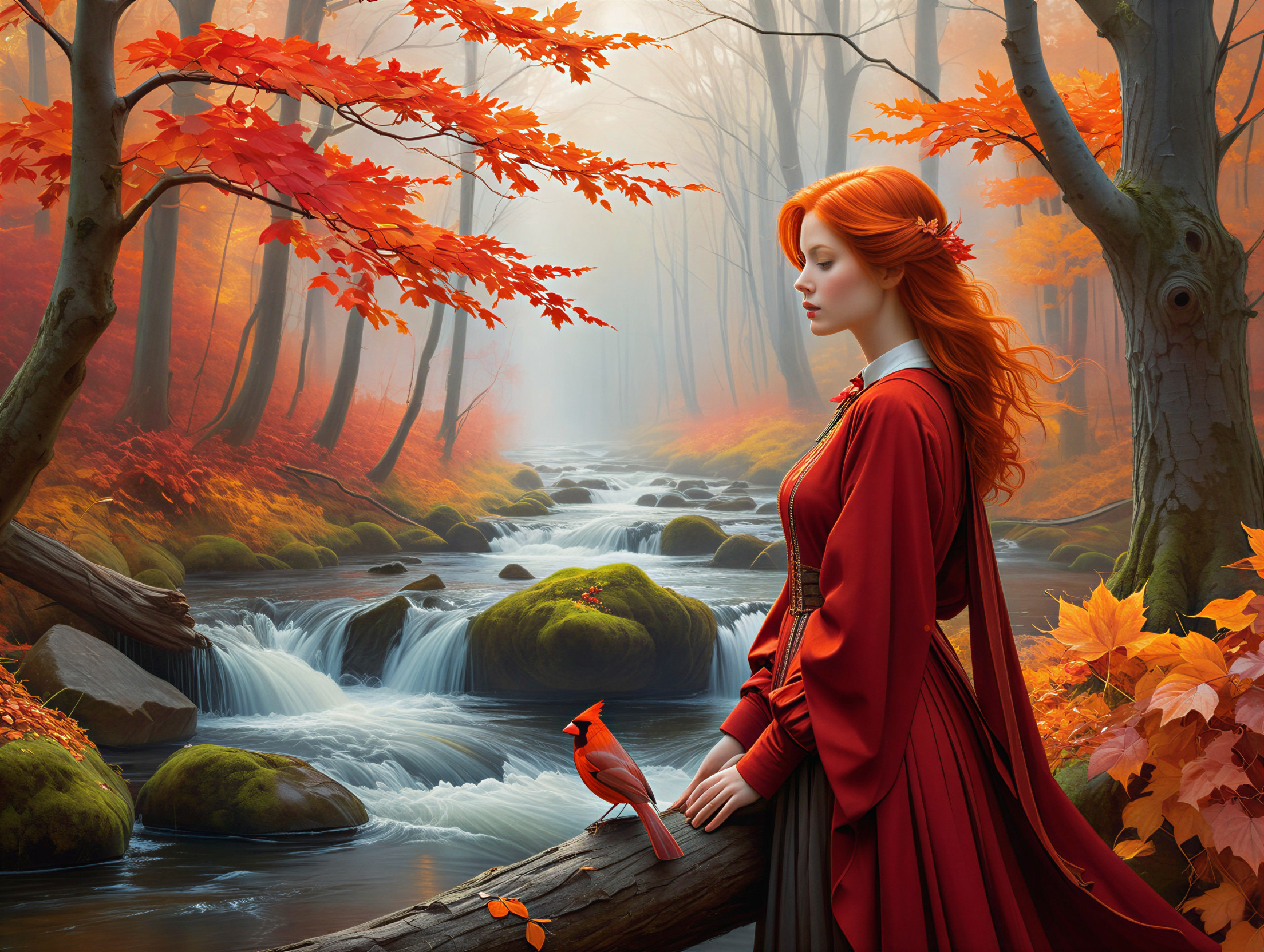 Autumn Forest Scene with Young Woman in Red Gown