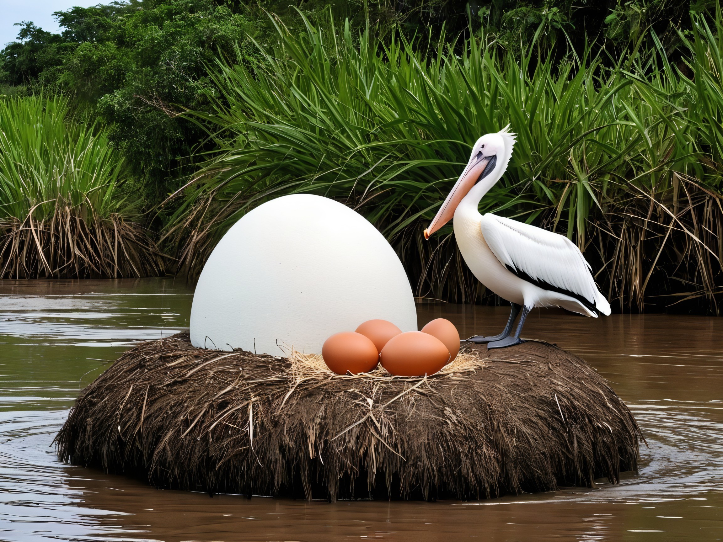 White Pelican Nesting Beside Decorative Eggshell