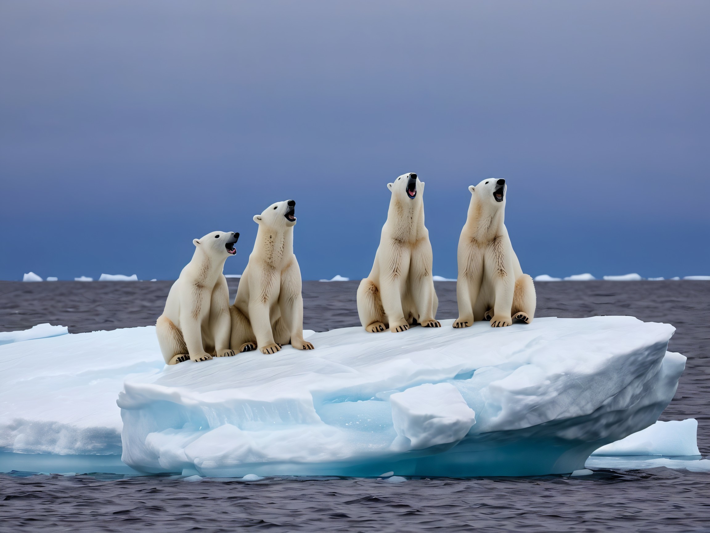 Polar bears on ice with dramatic Arctic backdrop