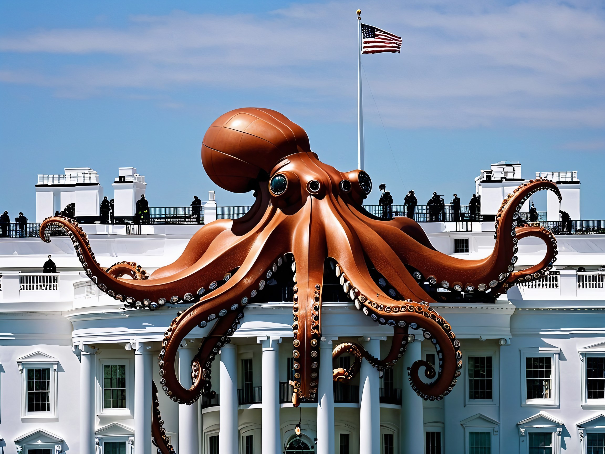 Surreal Octopus on Neoclassical Building Roof