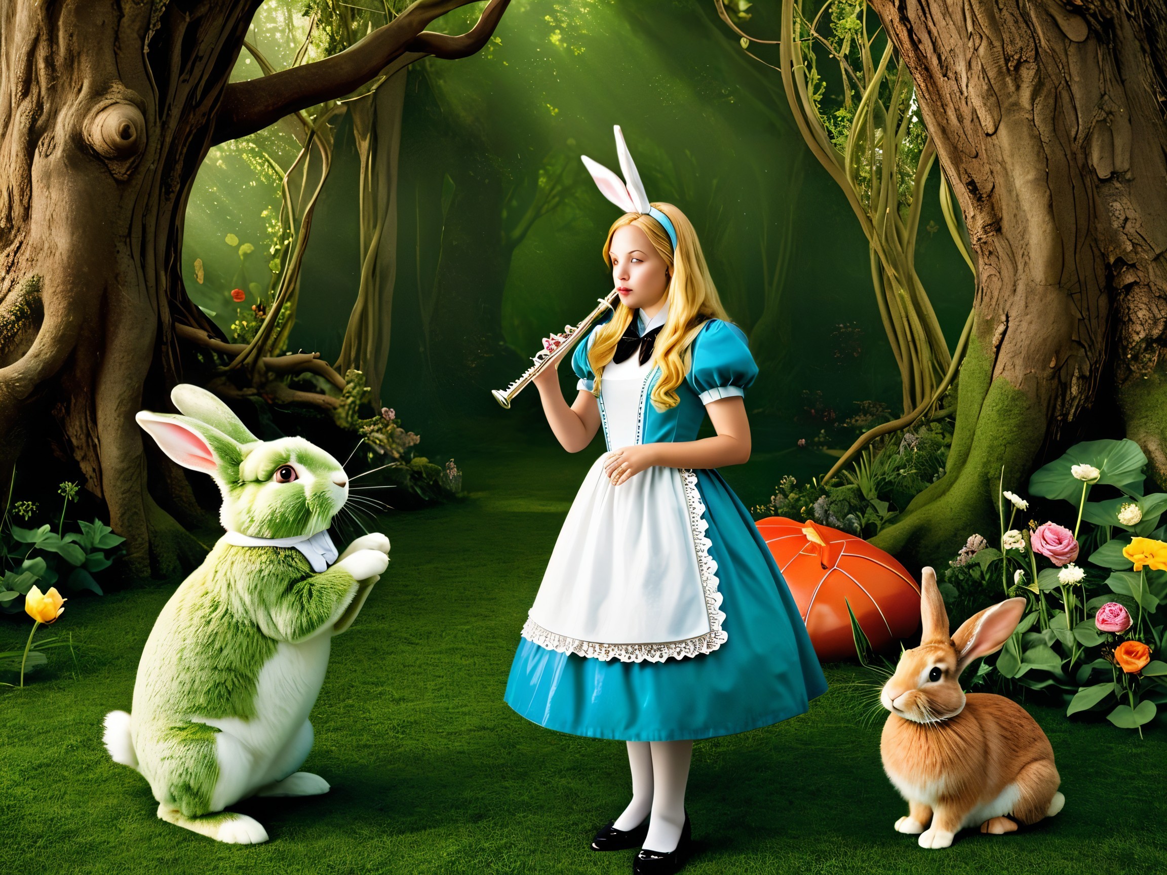 Alice in Blue Dress Playing Flute in Enchanted Forest