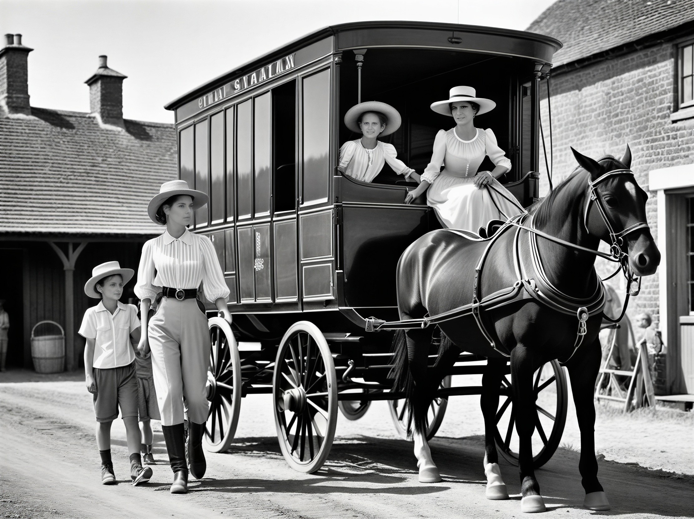 Vintage Horse-Drawn Carriage in Historical Village Scene